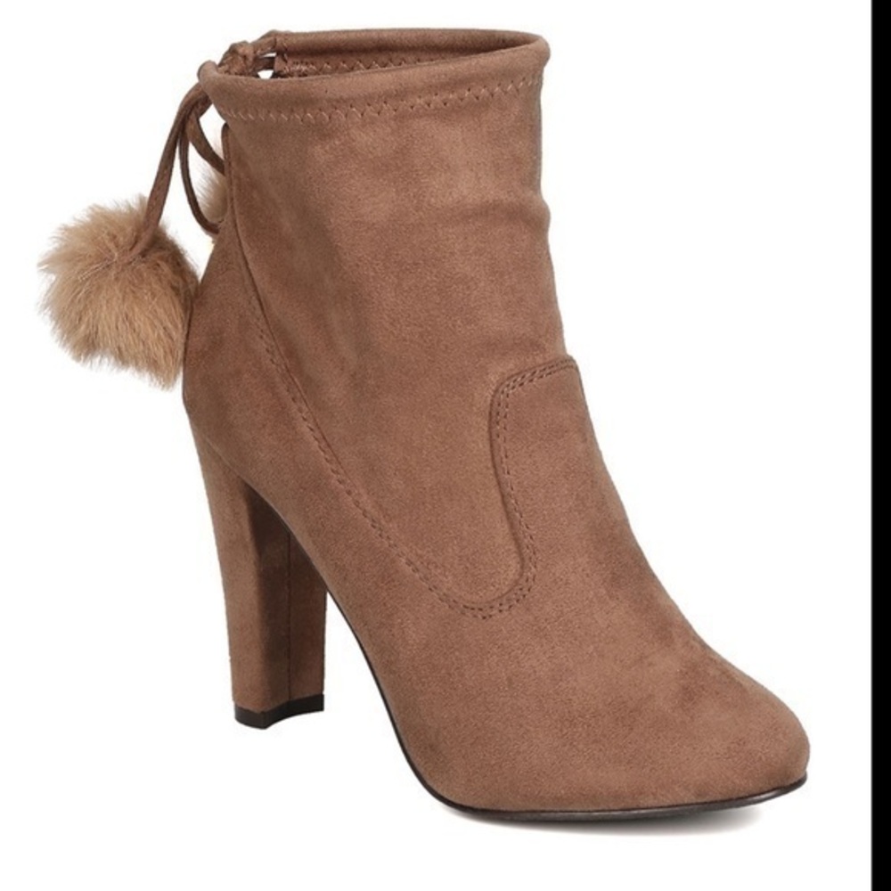 BREEKELLES Pamela Faux Suede Drawstring Pom Pom taupe ankle sock boots size-10